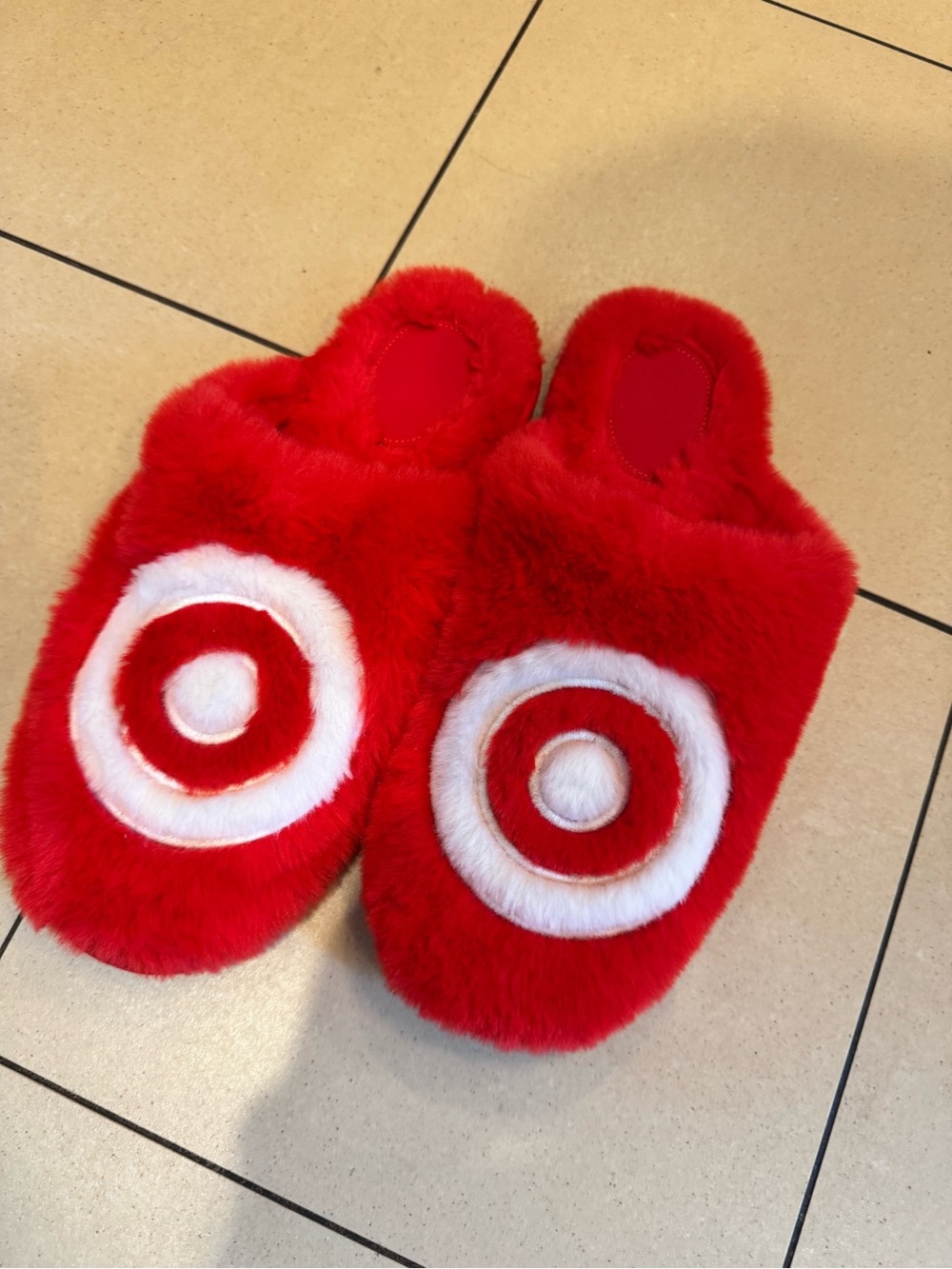 Adult Red Fuzzy Slip-On Slippers with Target Circle